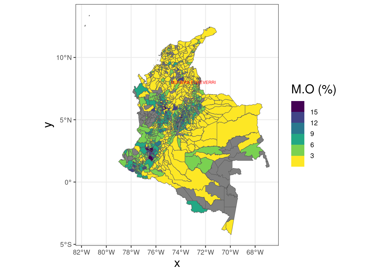 Mapa del contenido de materia orgánica del suelo (%) por Municipio.