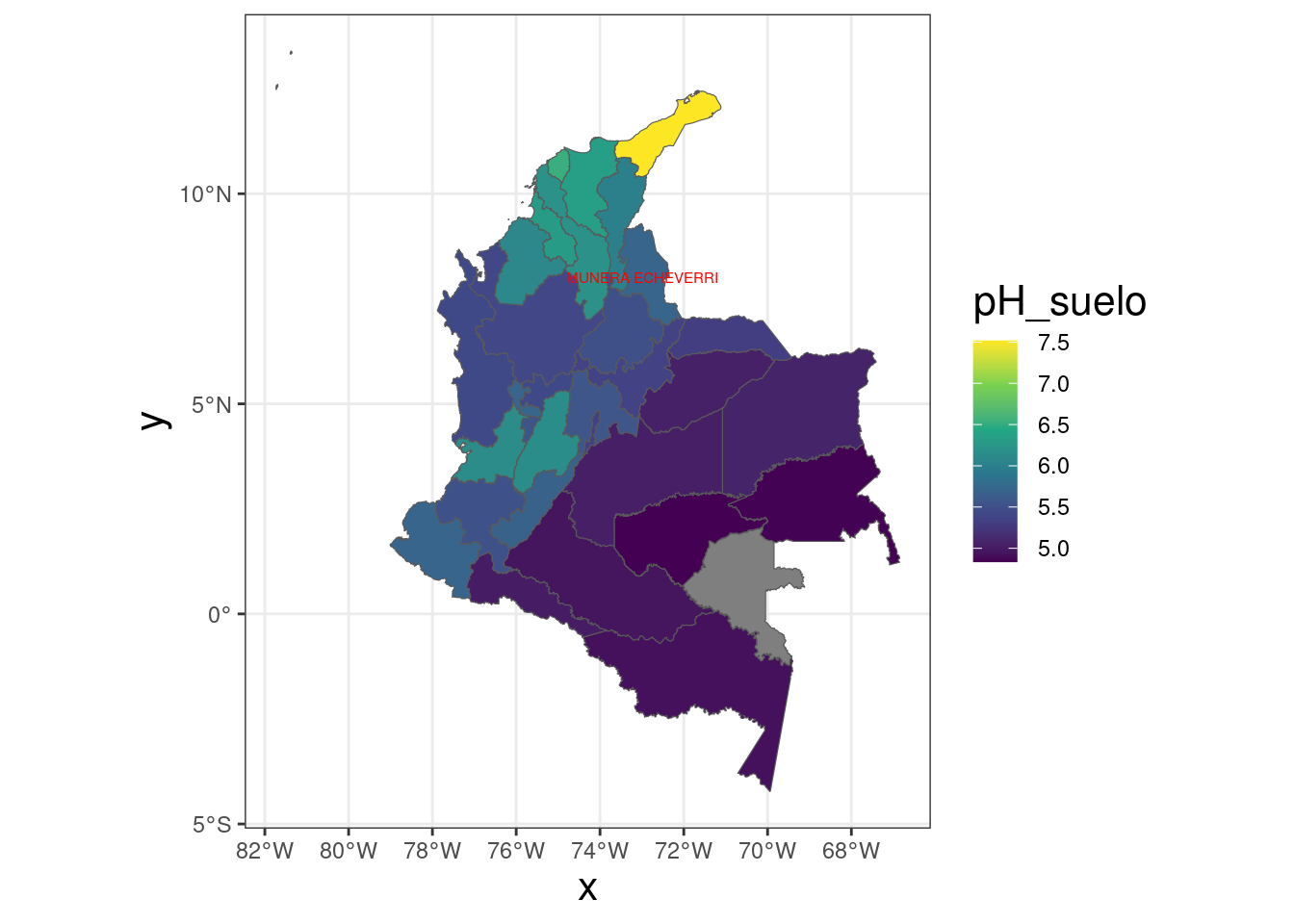 Mapa del pH del suelo por departamento.